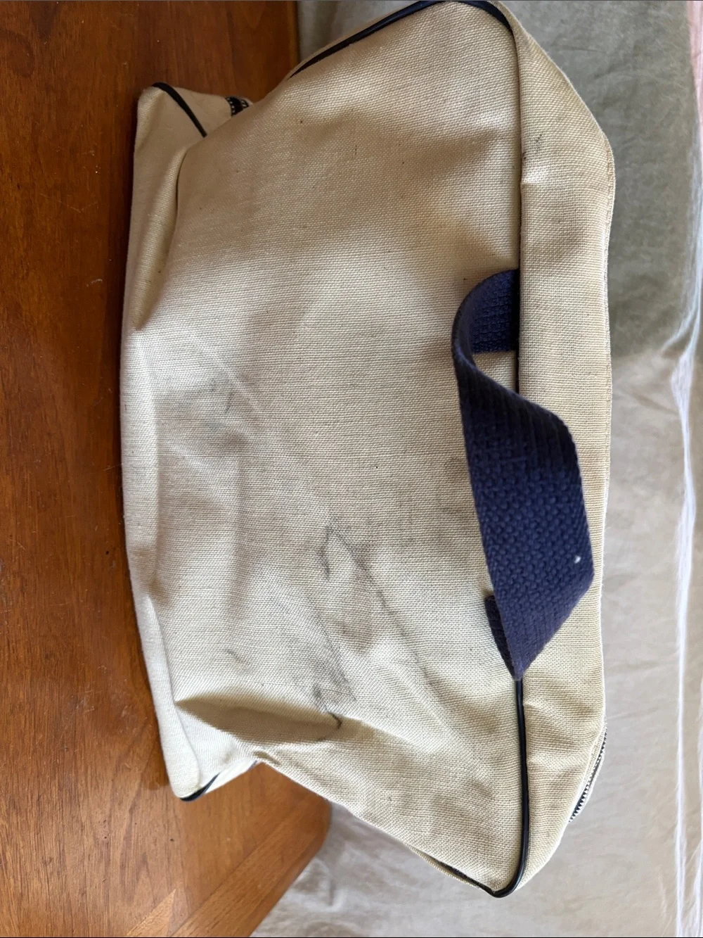 Vintage Beige Canvas Tote Bag with Navy Print - Olympic Lake Placid 1980
